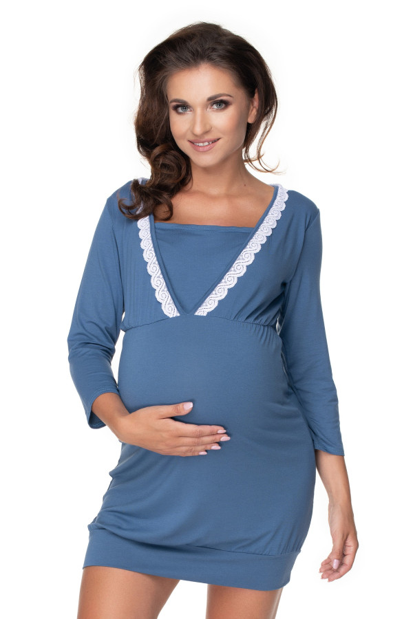 Tehotenská nočná košeľa s čipkovanou lemovkou model 0155 farba džínsová