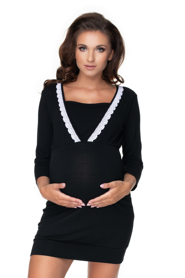 Tehotenská nočná košeľa s čipkovanou lemovkou model 0155 čierna