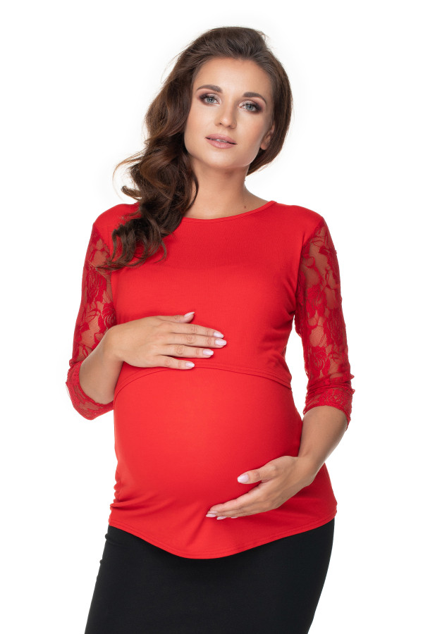 Tehotenská blúzka s čipkovanými rukávmi a s priestorom na kojenie červená