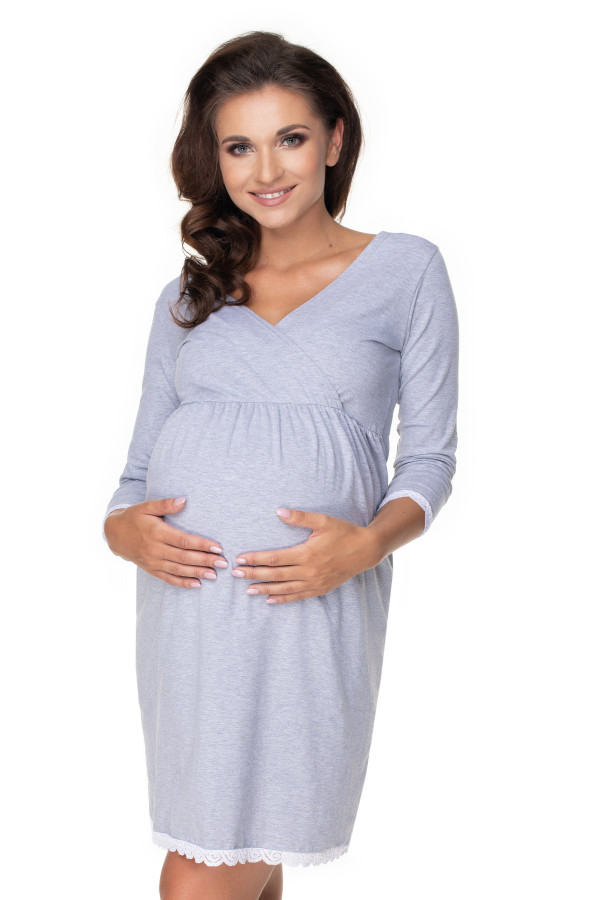 Tehotenská nočná košeľa s čipkovanou lemovkou dole model 0156 šedá