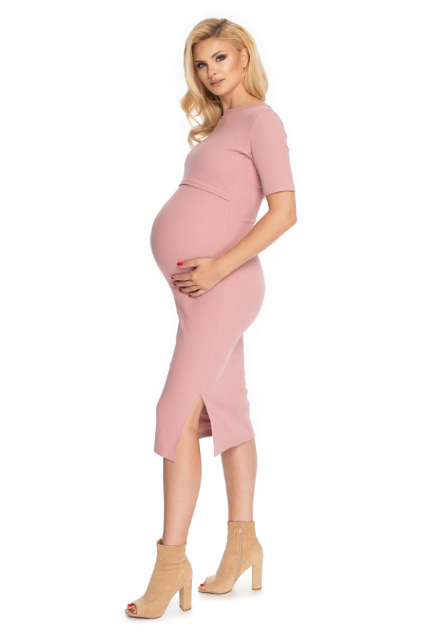 Tehotenské šaty z vrúbkovaného materiálu s priestorom na kojenie ružové