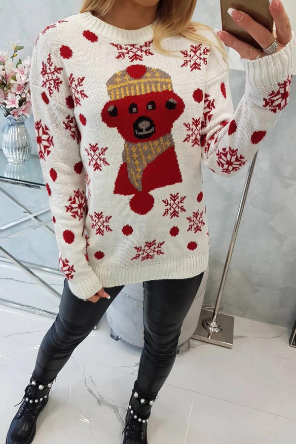 Vianočný sveter s medvedíkom model 2021-19 farba ecru