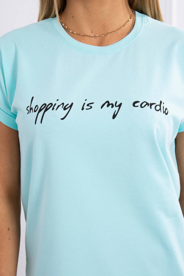Tričko s nápisom Shopping is my cardio mentolové+čierne