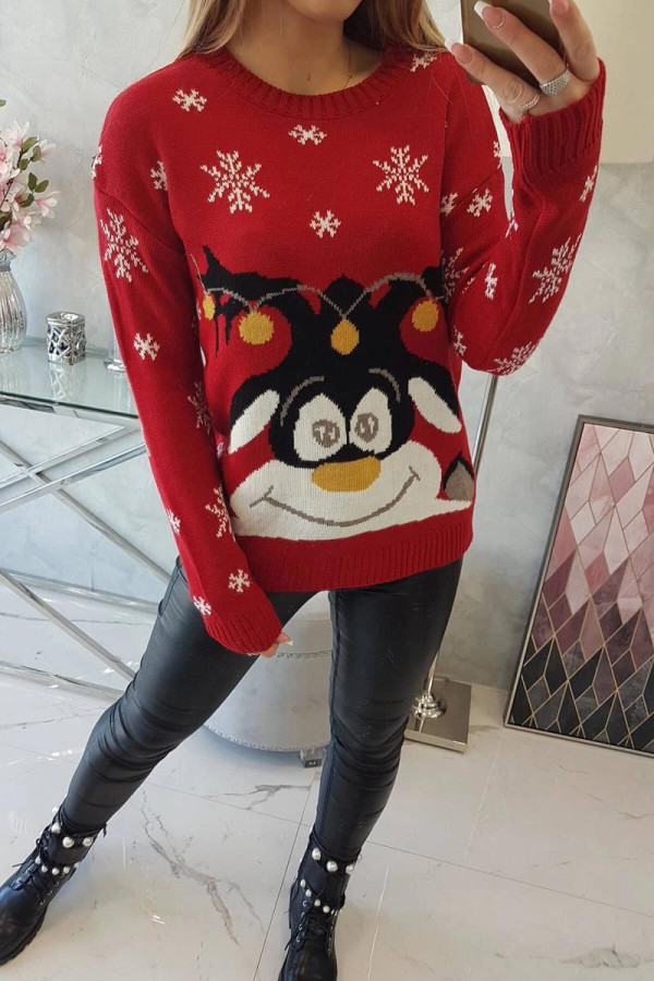 Vianočný sveter so sobmi model 2021-22 červený
