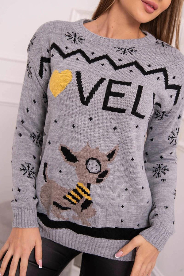 Vianočný sveter so sobíkom a nápisom Lovely šedý