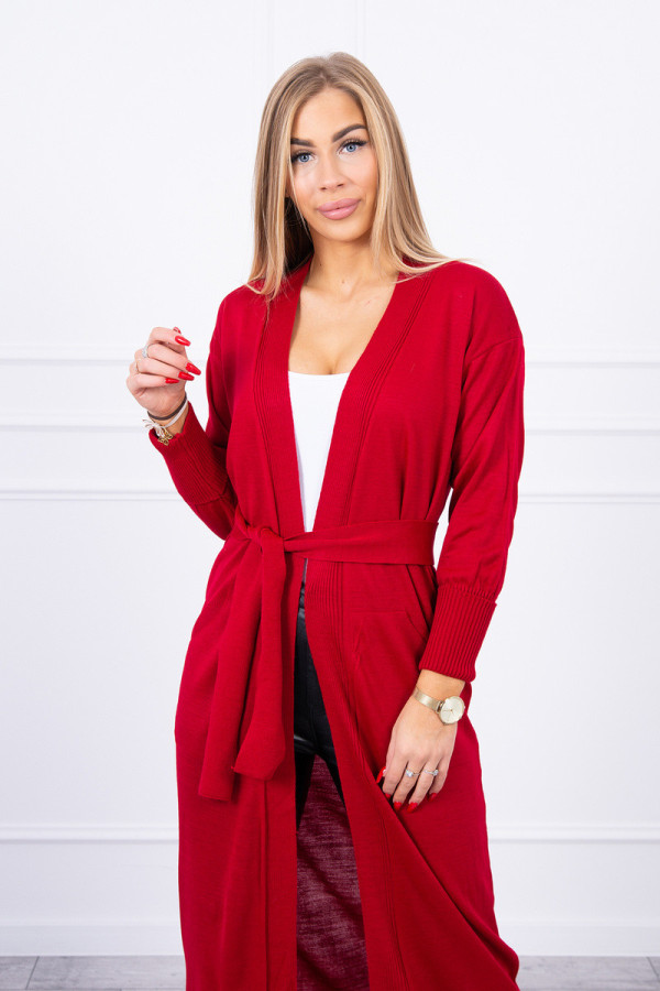 Dlhý kardigánový sveter so zaväzovaním v páse model 2021-17 červený