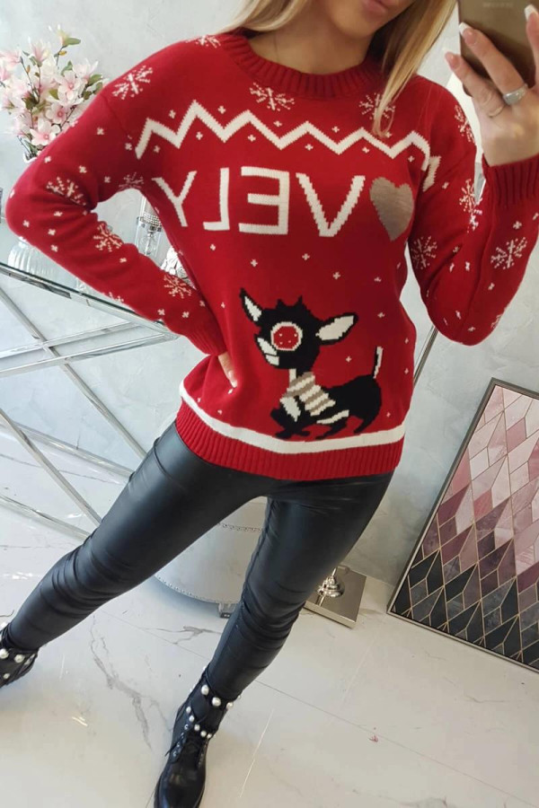 Vianočný sveter so sobíkom a nápisom Lovely červený